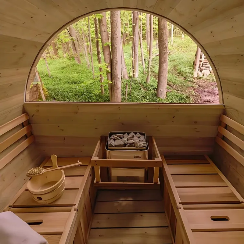 Cedar Sauna Outdoor Wooden Barrel Sauna with Panoramic Window Sauna Room Customized