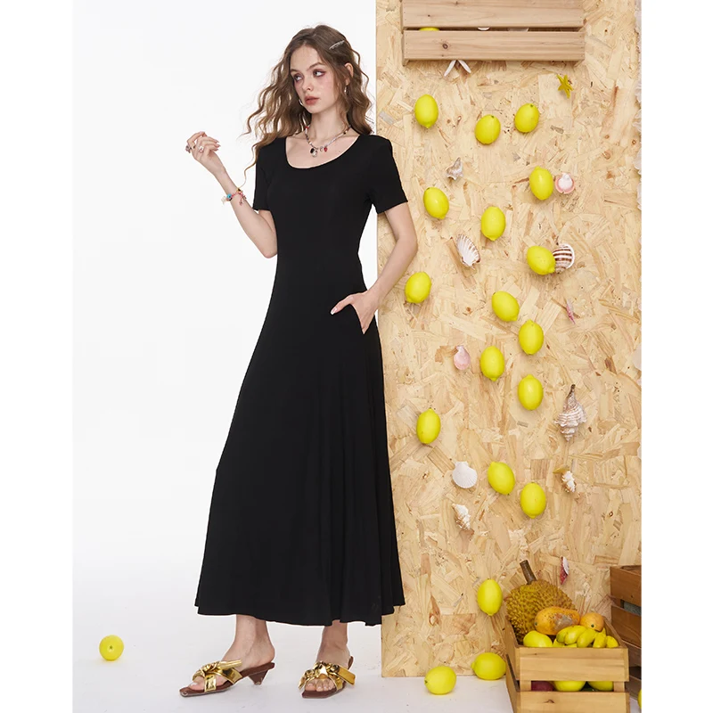 ELFSACK Abito lungo da vacanza a maniche corte elegante tinta unita slim fit per donna