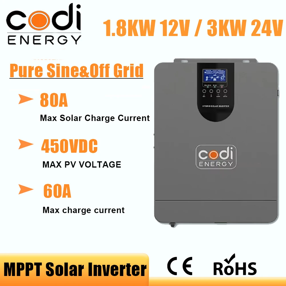 

2200VA 3200VA Inverter Solar Hybrid 1.8KW 3KW 12V 24V 220V Off Grid Pure Sine Wave Dual output Hybrid Inverter MPPT 80A 450VDC