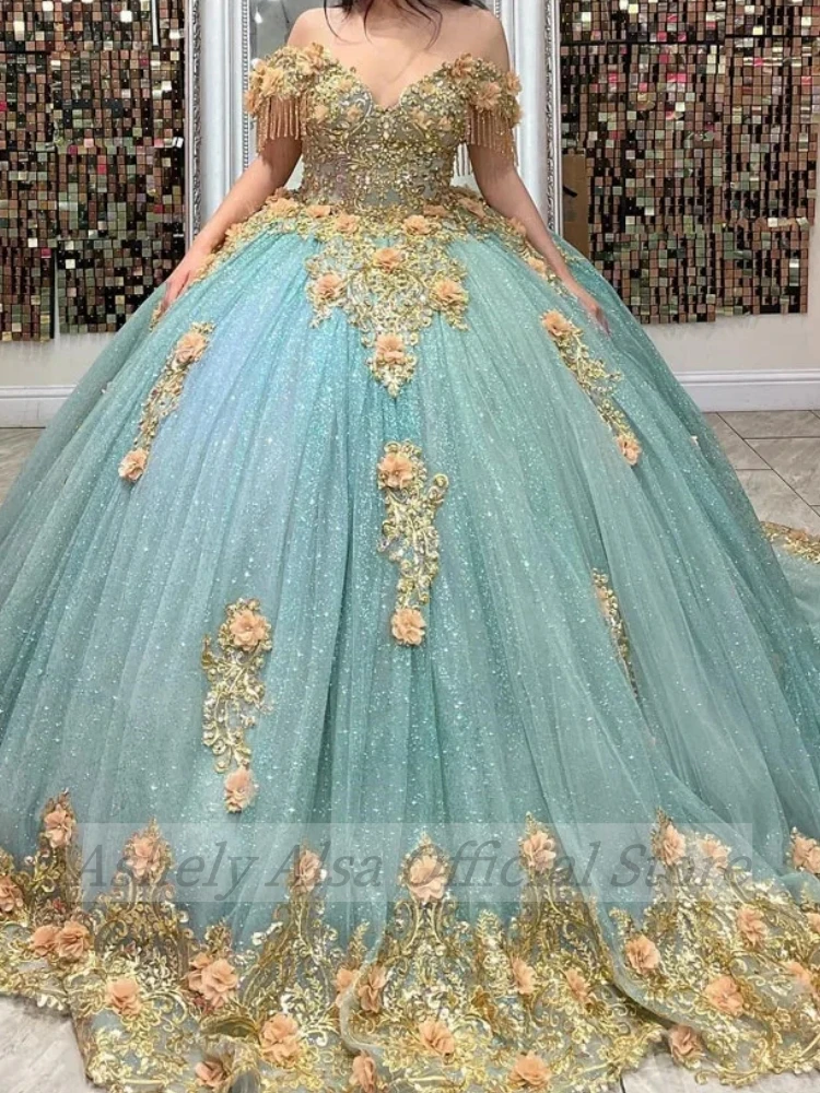 Customized Luxury Quinceanera Dresses 2025 Ball Gown Gold Floral Appliques Lace Prom Vestido 14 Sweet 15 16 Birthday Party Wear