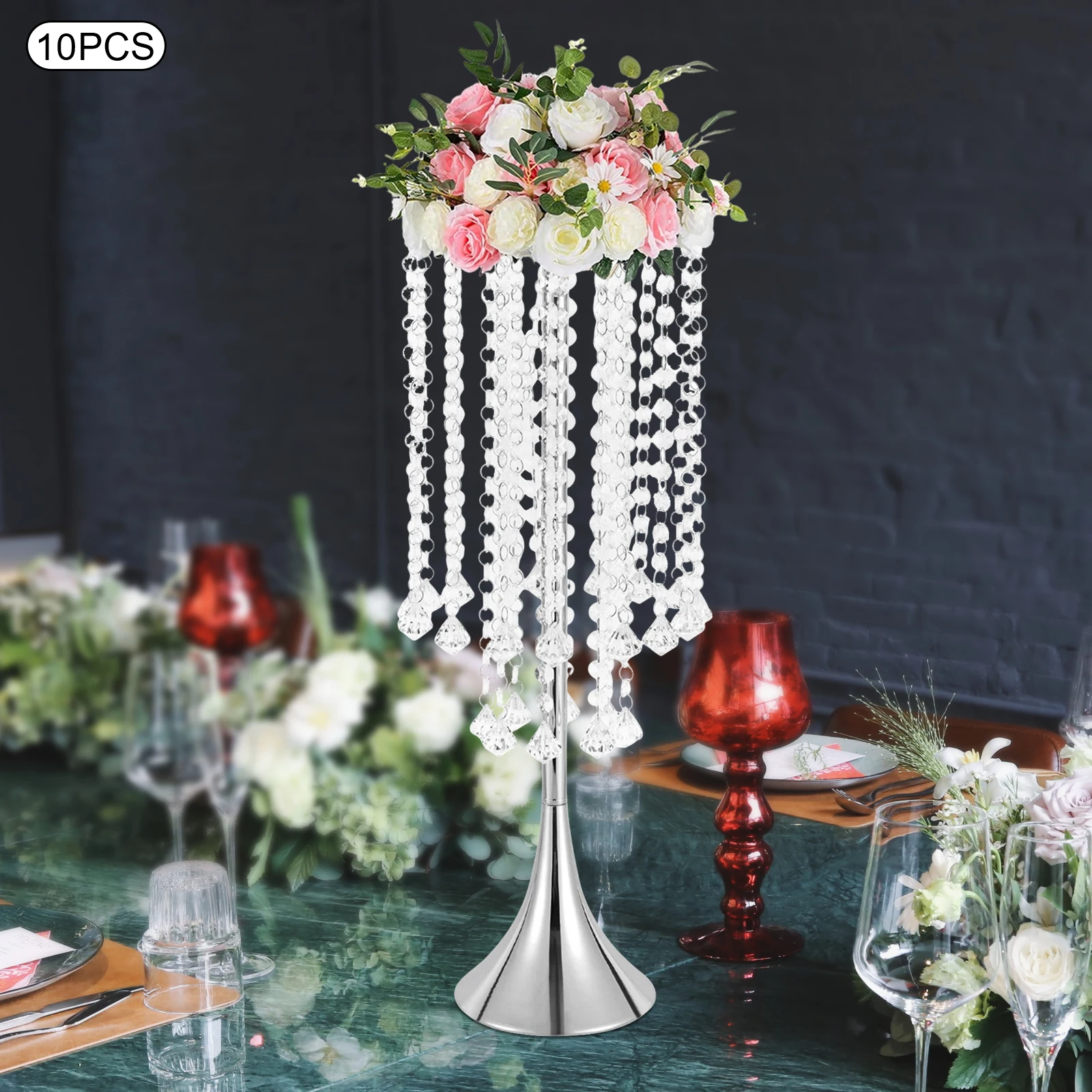 10 Pcs Flower Vase, Crystal Wedding Flower Stand, Silver Tall Flower Stand 55.6cm, Wedding Aisle Decoration, Event Centerpiece