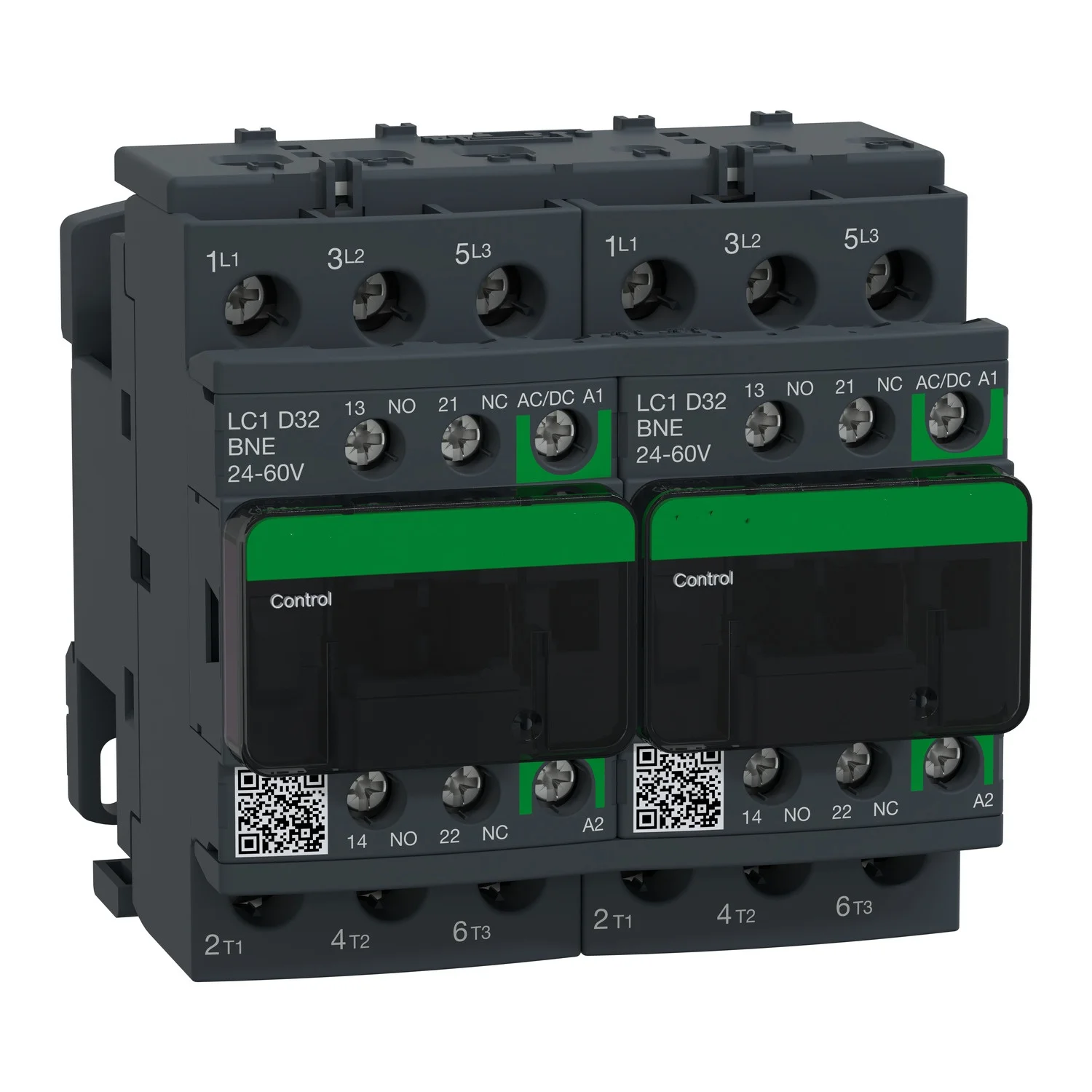 LC2D32BNE = LC1D32BNE  * 2 + LAD9V2 TeSys D reversing contactor - 3P - = 440 V - 32 A AC-3 - 24...60 V AC/DC coil