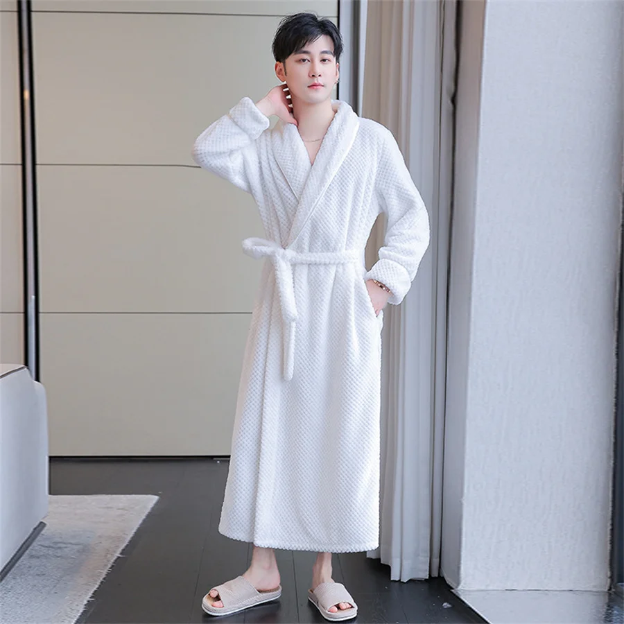 Autumn Winter Thicken Flannel Robes Warm Lace-up Bathrobe Men Fluffy Shower Robe Night Gown Male Sleepwear Long Housewear 3XL