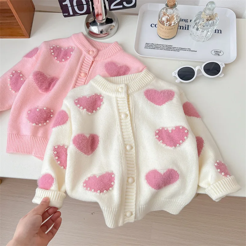 Children\'s Pink Heart Pearl Color Matching Knitted Cute Casual Sweater Cardigan Girl Spring and Autumn Jacket