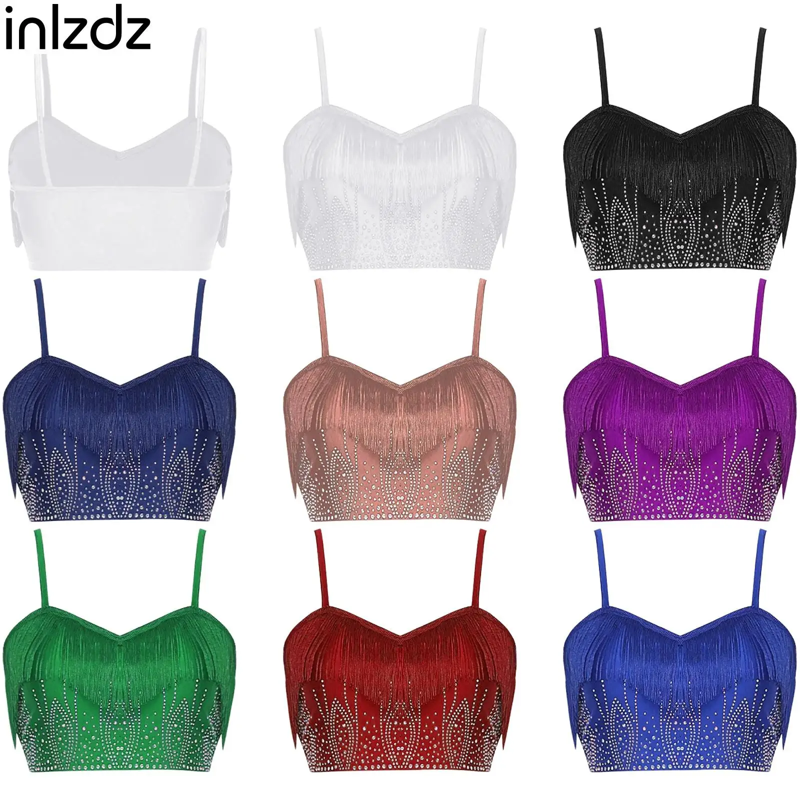 

2025 Womens Lyrical Contemporary Dance Tops Tassel Glittery Rhinestone Camisole Crop Tops Dancewear for Belly Dance Modern Dance