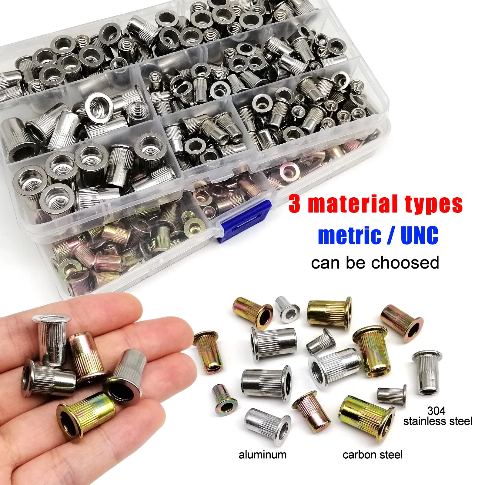 1 scatola M3 M4 M5 M6 M8 US filettatura grossolana UNC 304 A2-70 acciaio inossidabile acciaio al carbonio alluminio testa piatta rivetto dado rivnut set kit