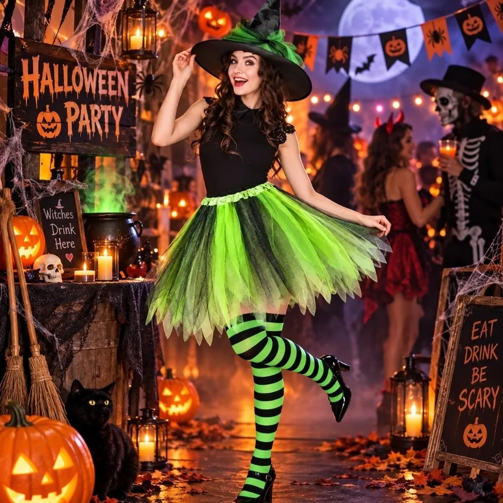 Show Outfit Striped Socks Witch Tutu Skirt Set Party Fancy Dress Halloween Witch Costume Outfit Wizard Cosplay Set Birthday