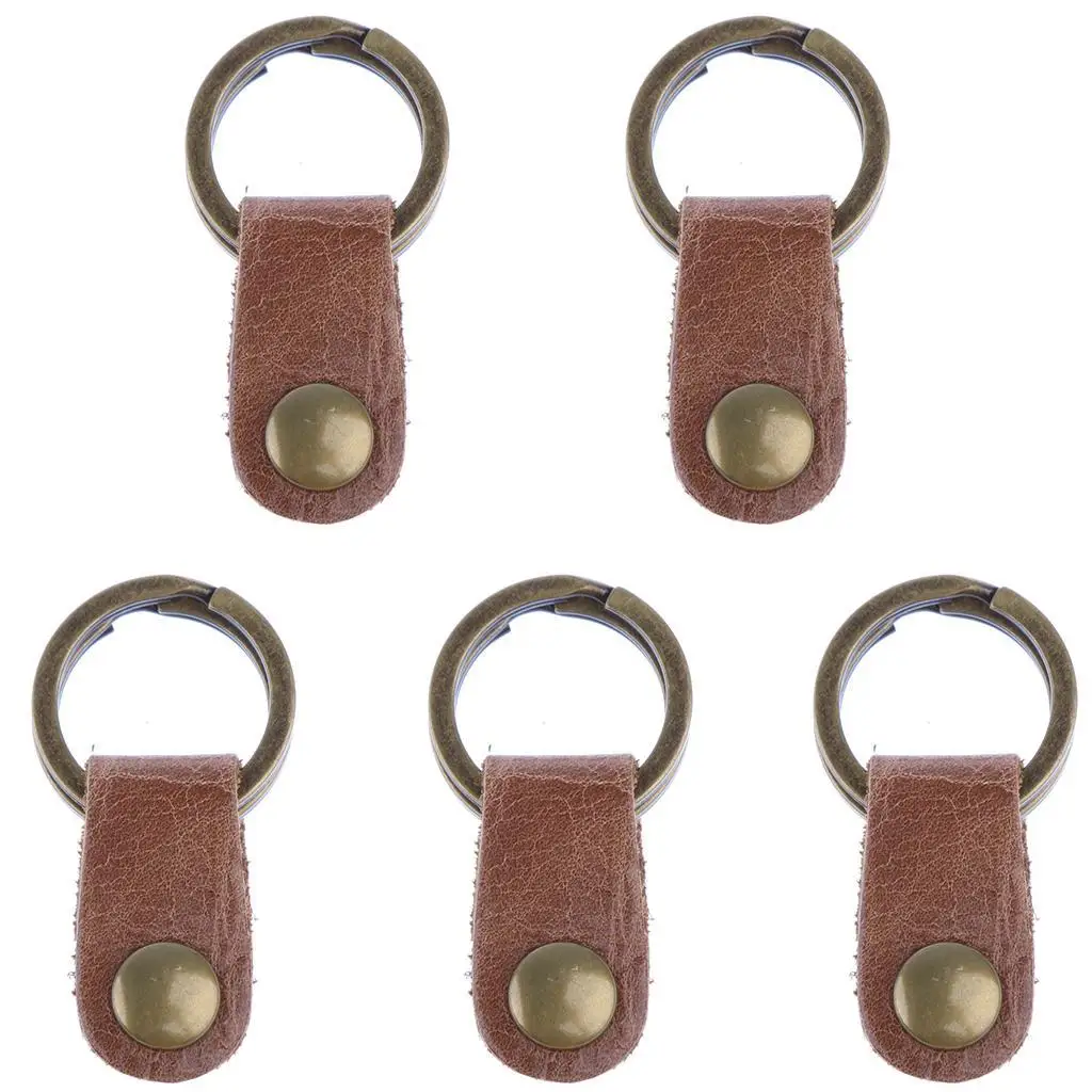 5 PCS Walnut PU Leather Key Holder Split Rings Keychain Acces