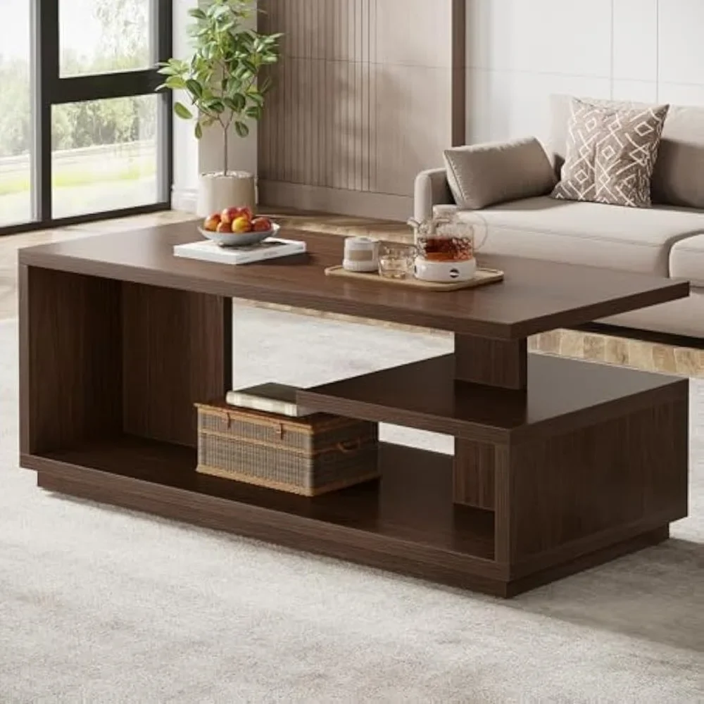 

Coffee Table with Storage Shelf, Mid-Century Modern Center Table, 3-Tier Rectangle Wooden Tea Table with Thick Base