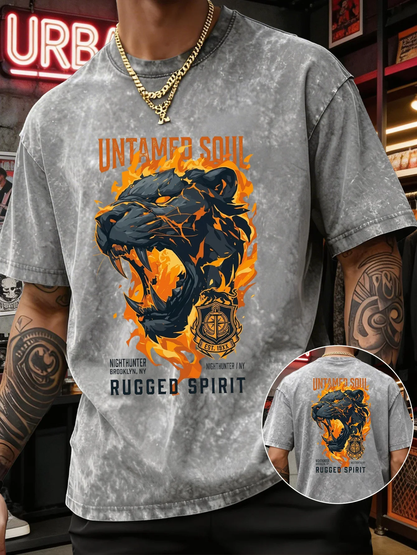 Men's Heavyweight Washed T-shirt Flaming Leopard Print Vintage Acid Wash Streetwear High Street Cotton Fitness Sleeve S-3XL