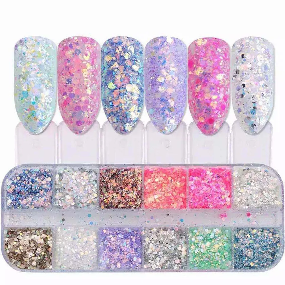 Conjunto de lantejoulas com glitter para arte em unhas, 12 cores, tamanhos mistos, flocos iridescentes para unhas acrílicas, pó de glitter gradiente, decorações de unhas *