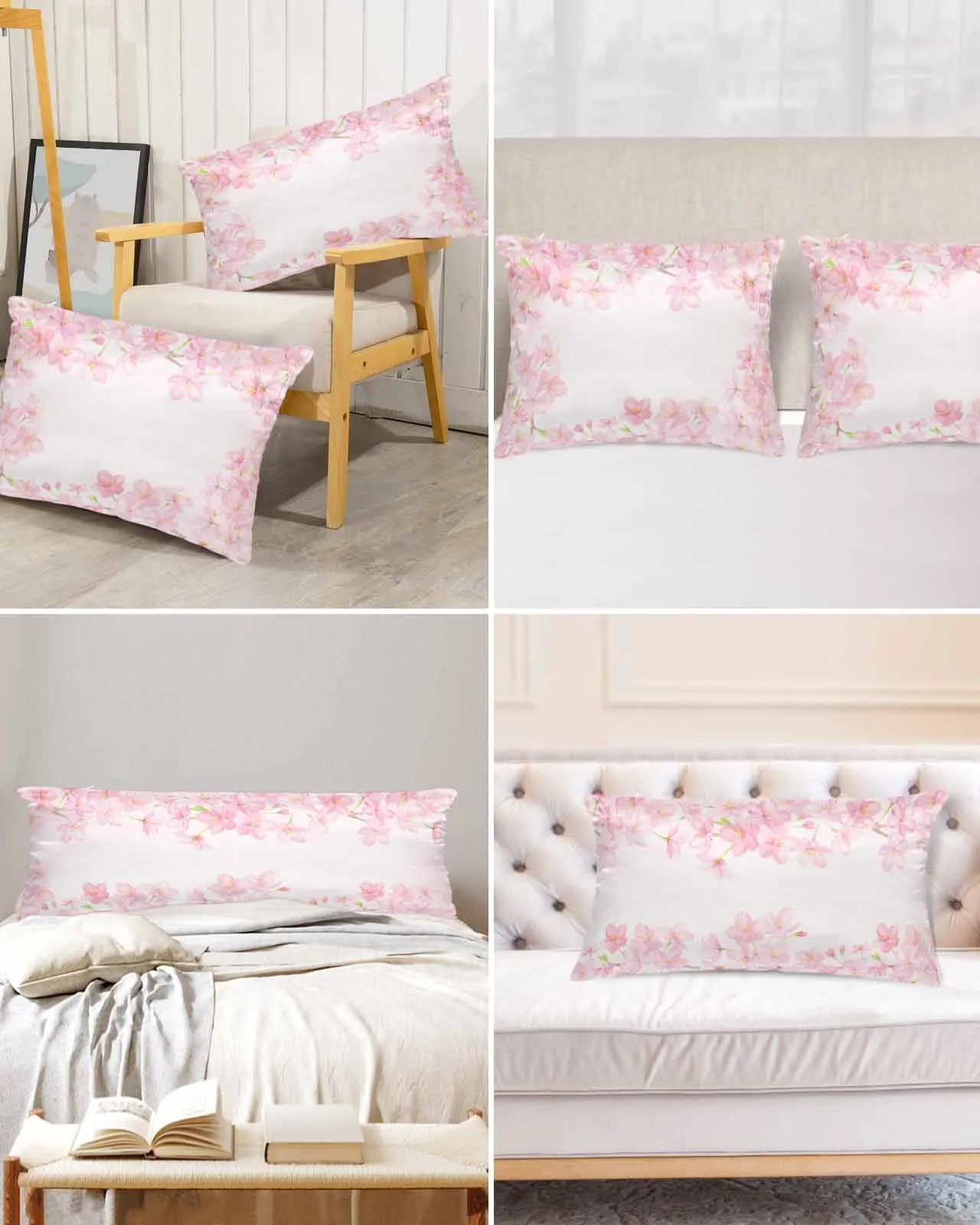 

Watercolor Cherry Blossom Border Bed Satin Pillowcase 2pcs Sofa Pillow Cover Case Bedroom Satin Cushion Covers Home Decor