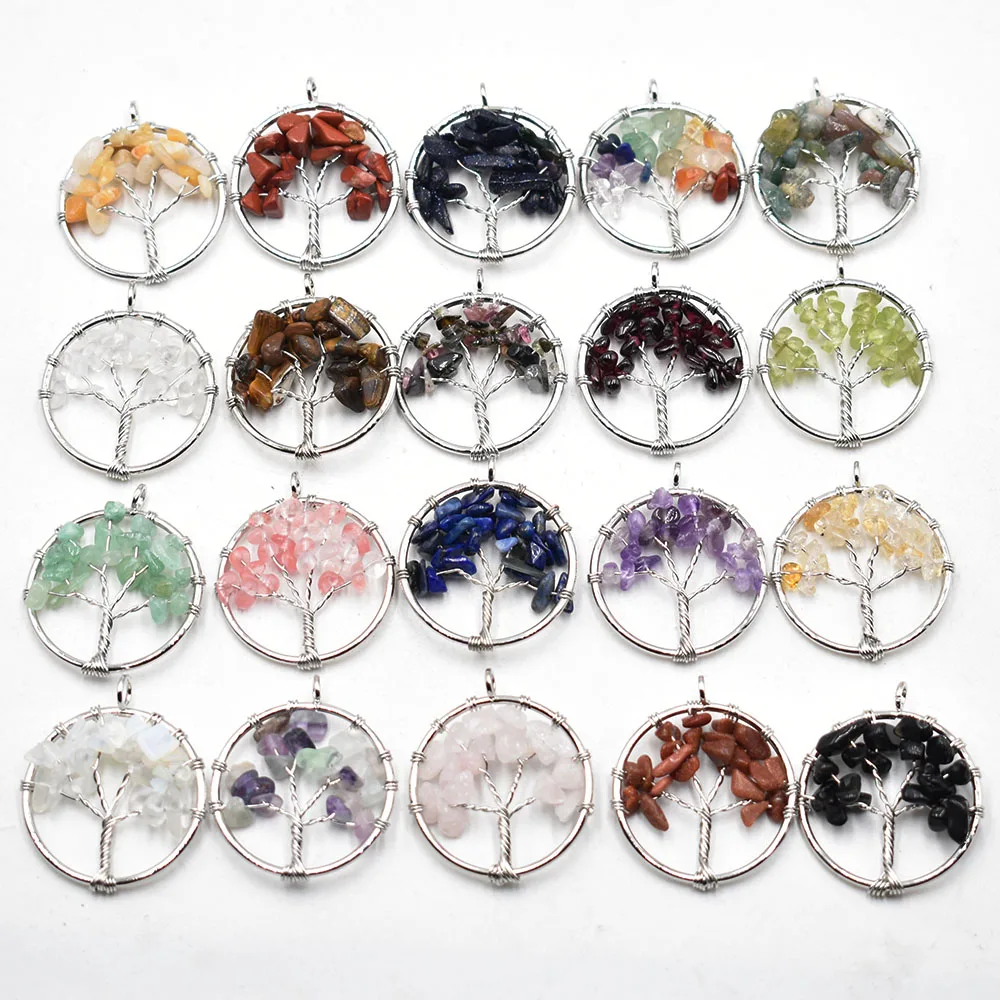 Wholesale 20pcs/lot mixed natural stone Tree of life handmade wire color wire wrapped Pendants 30mm for jewelry marking free