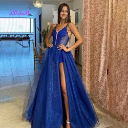 Royal Blue Bling Evening Dresses Prom Party Gowns Saudi Arabia Beading Pleats Dubai Women Prom Dress Slit Side