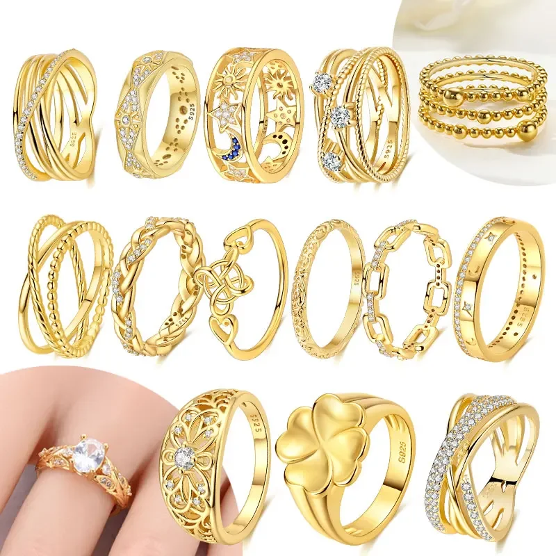 Gold Plated 925 Silver Four Leaf Clover Sun Moon Star Chain Link Filigree Stackable Band Ring Jewelry Gifts for Women