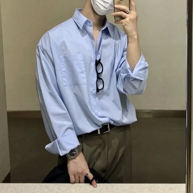 

Korean Fashion Men High-end Light Blue Shirt Men Summer Solid Color Simple Casual Loose Button Pocket Long sleeve Shirts for Men