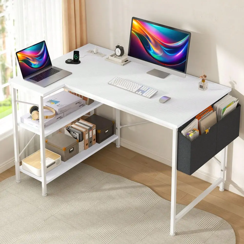 

40 Inch Small L Shaped Desk With Storage Shelves Side Bag, Computer Desk With Power Outlets, Reversible Desks With XShaped Supp