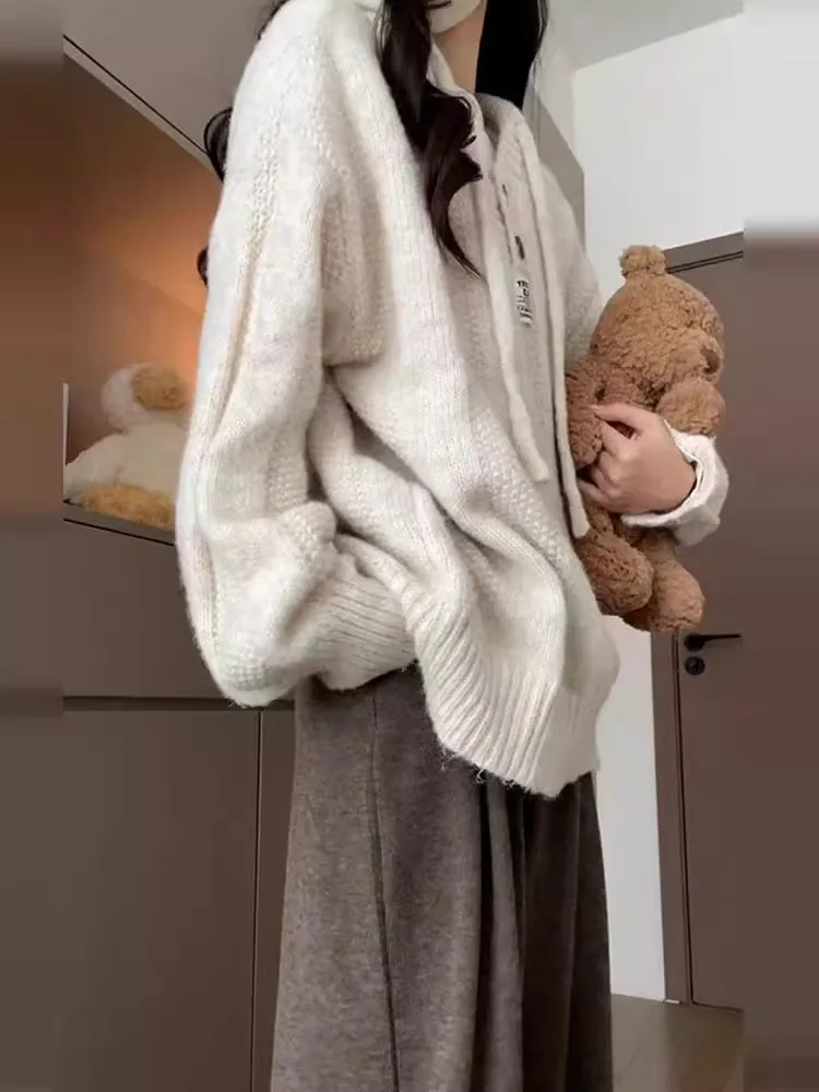 

Autumn Winter Thiened Soft Cozy Hooded Knitted Sweater Dstring Korean Loose Sle Commute Faion Color Top