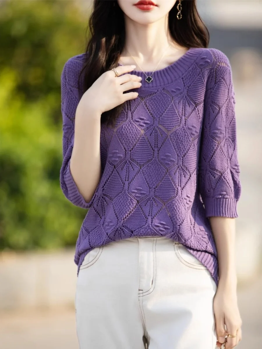 

Loose Fit Pure Cotton ort Sve T-irt Women's round Ne Knitted Top Breathable Hollow out Design Comfortable Casual Wear
