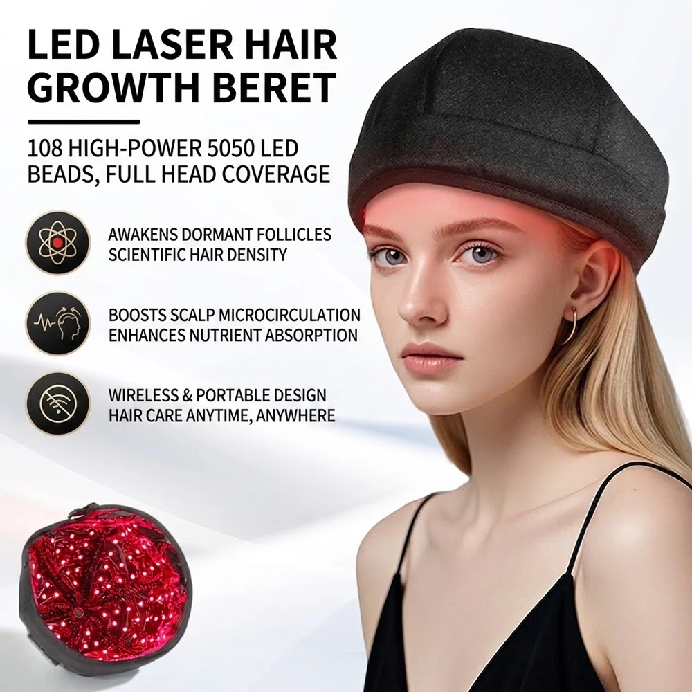 

108 LED Hair Growth Cap Red Blue Light Therapy Hat Full Scalp Coverage Hands Free 20Min Timer Home Hair Care
