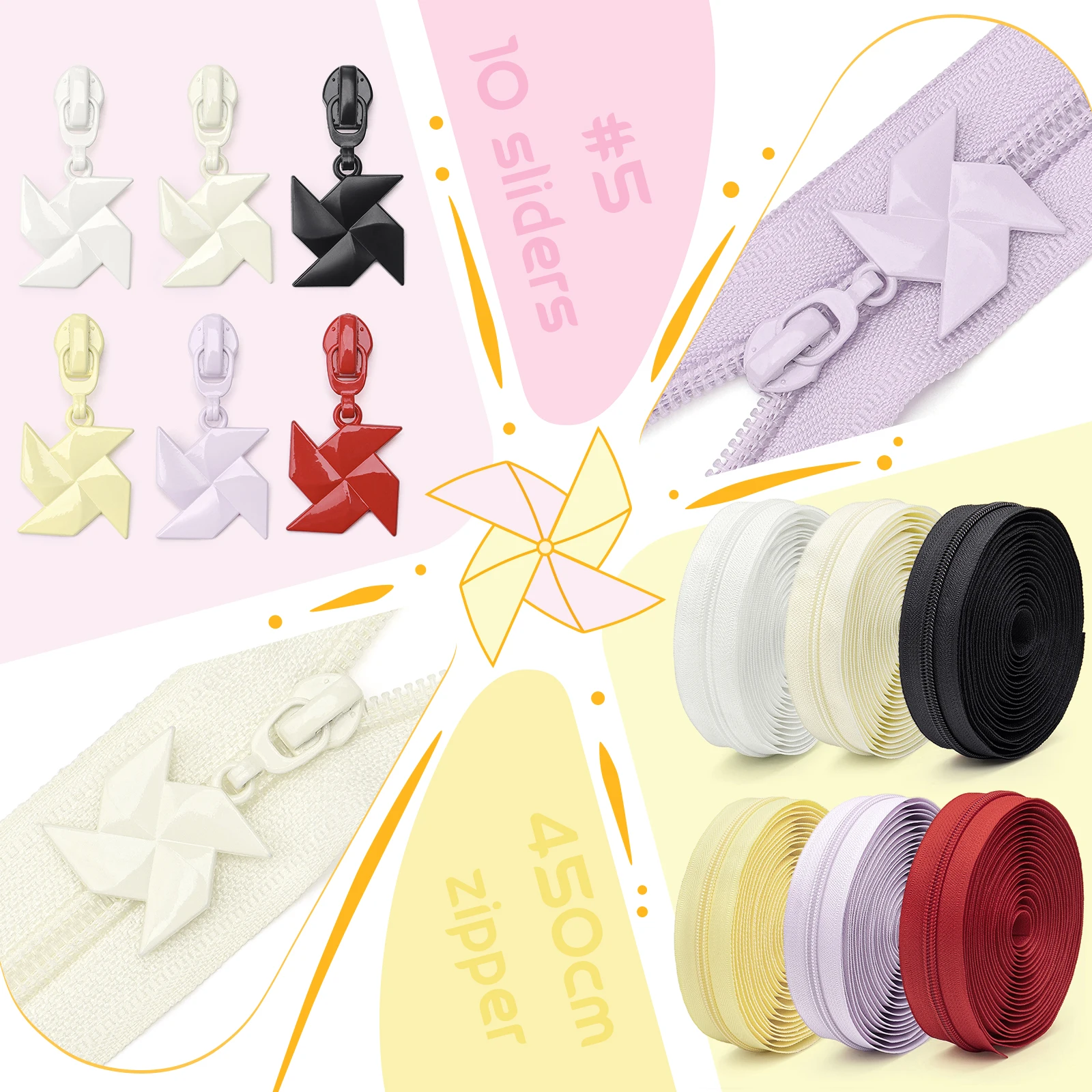 【 # 5er-Set Nylon-Reißverschlüsse & Pinwheel-Reißverschlussgriffe】 1 Set = 5 Yards (177,16 Zoll) Reißverschluss + 10 Pinwheel-Reißverschlussgriffe