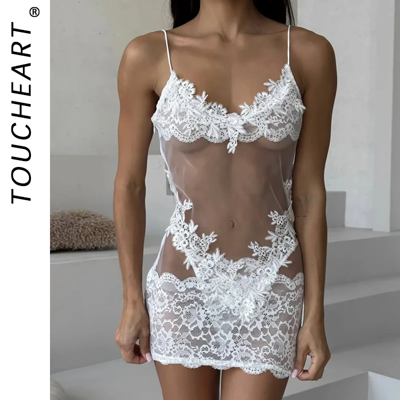 

Toucheart See-through Lace Sexy Pajamas Panty Stockings Set Embroidery Hollow Out Bodycon Dress Women Interesting Pajamas Set