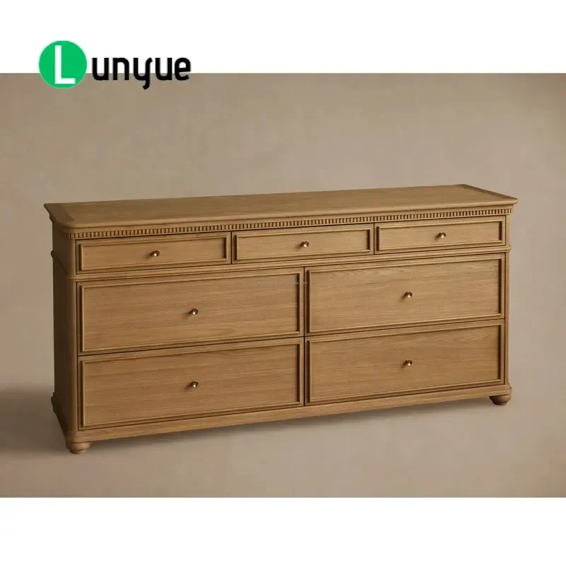 7 Drawer Wide Dresser White Oak Bedroom Storage Cabinet with Antique Brass Handles Slow Closing Drawers for Home Organization