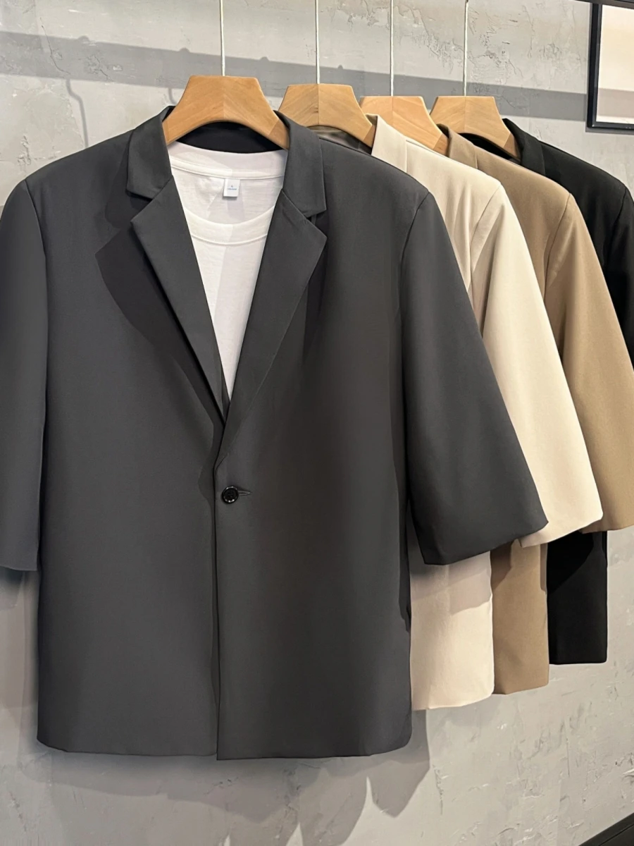 

Summer Thin Casual No-iron Men's ort Sve Jaet Anti-wrinkle Five Sve Outerwear Korean Sle Suit Faion Urban Youth
