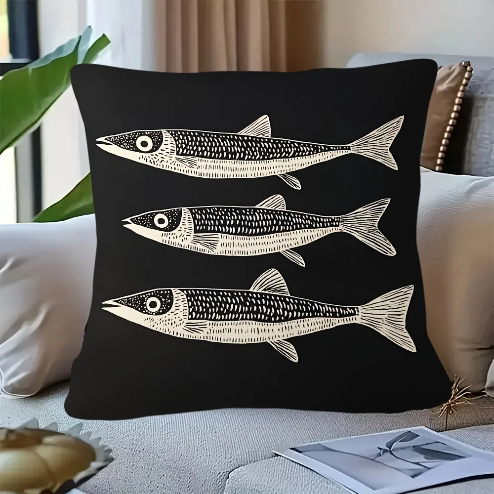 Vintage Fish Pattern Pillow Cover, White Tuna Design on Black Background Cushion Case for Living Room Bedroom Home Decor Gift