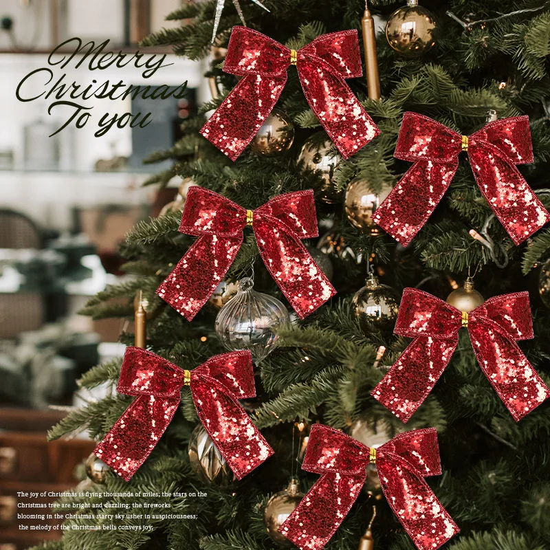 Merry Christmas Bow Supplies Christmas Tree Decoration Pendant Sequin Bowknot Red Home Decoration Products 2024 Happy New Year