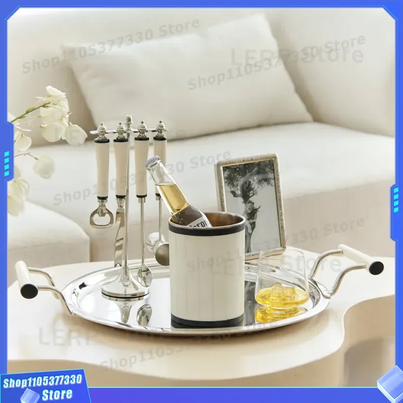 Stainless Steel Tray with Indian Beige Beef Bone Handle Decorative Wine Barrel Model for Room Restaurant Ornament Home Bar