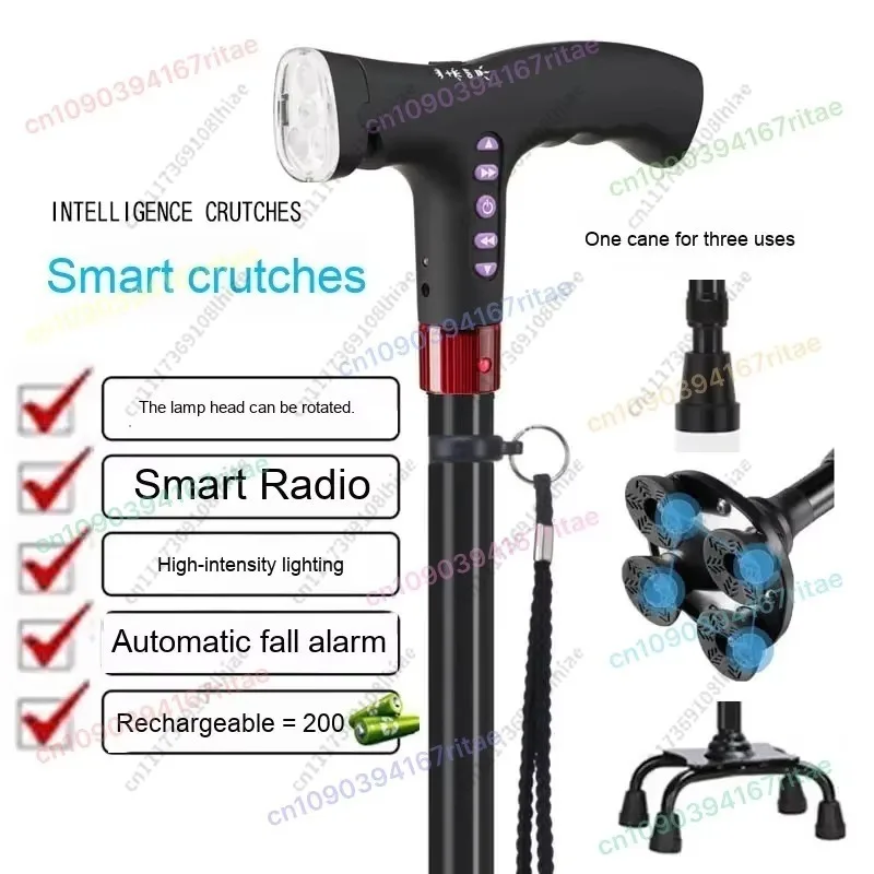 Smart Multi Functional Radio Four Foot Non Slip Aluminum Alloy Cane Walking Stick for Elderly with LED Light