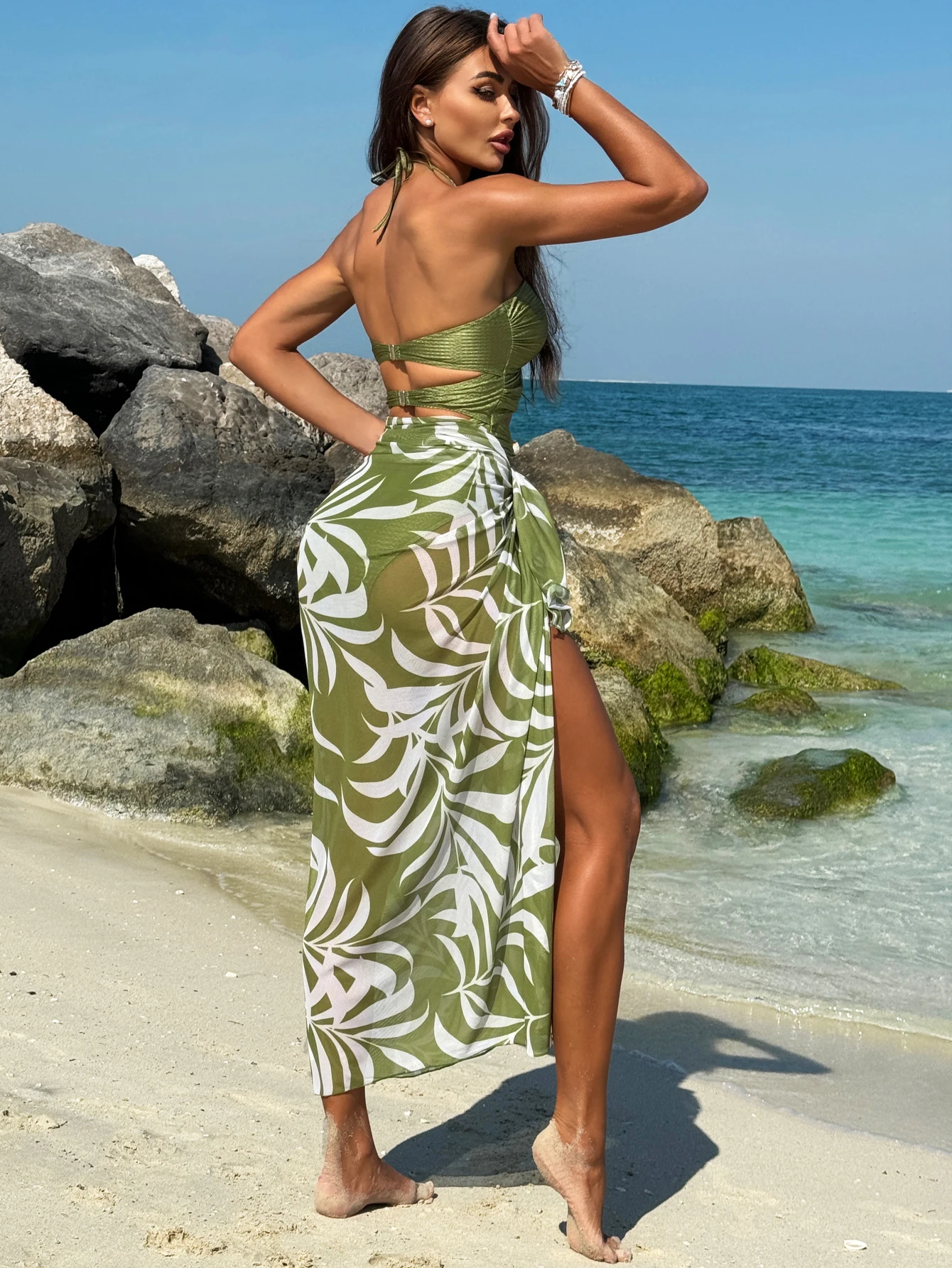 Peachtan jednoczęściowy strój kąpielowy z sukienką seksowne bikini push up koreański styl zielony body strój kąpielowy zestaw kobiet na plażę