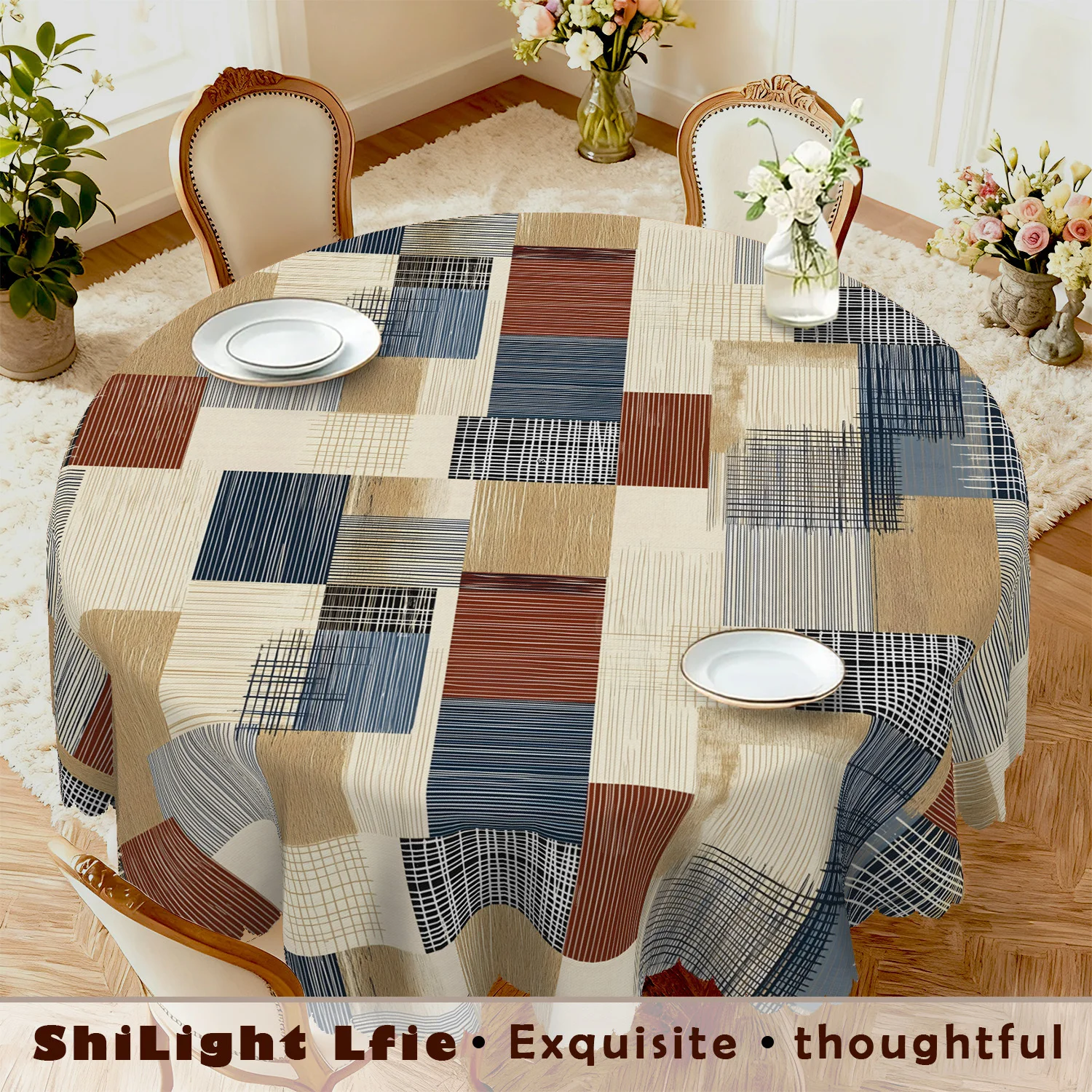 One-piece, retro-style fabric tablecloth with checkered lines and contrasting color design, rectangular shape,kdj