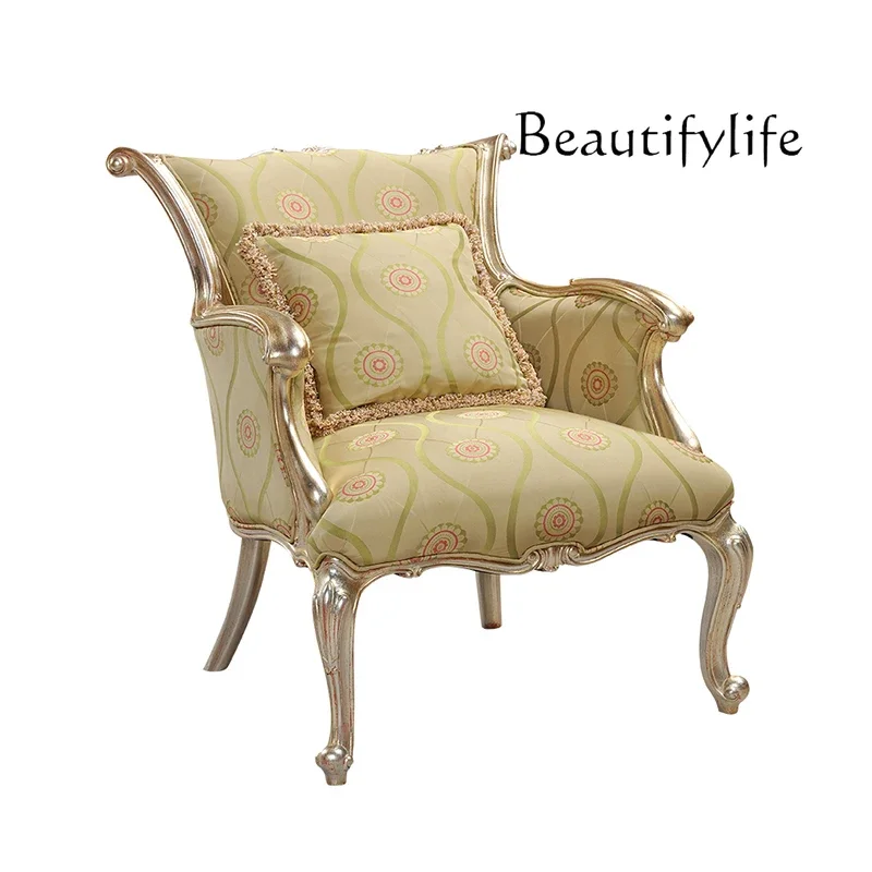 

French light luxury classical solid wood carving flower fabric leisure chair, home living room balcony sofa chair