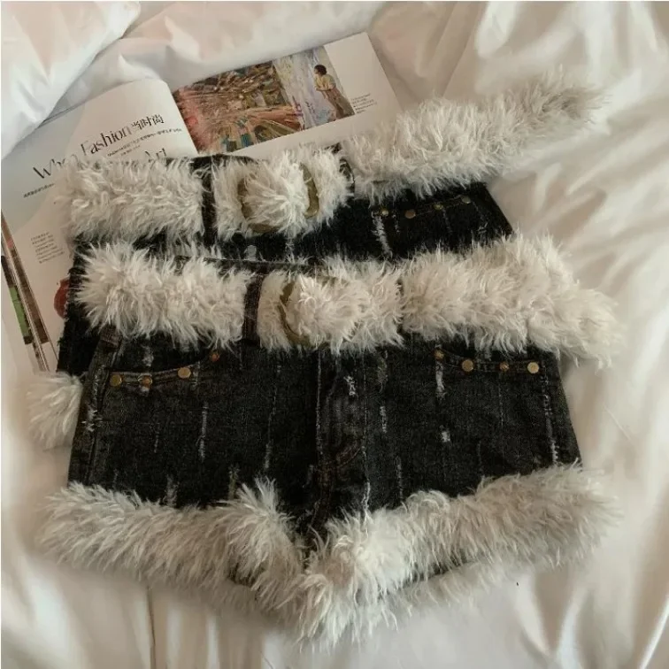 American Retro Y2K Plush Lace-Up Denim Made Old Shorts 2000 's Fall Women's Clothing Low Waist Hot Honey Sexy Hot New Pant