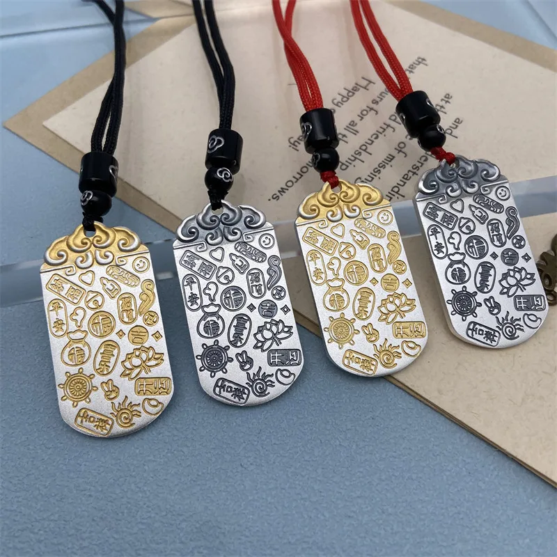 

Pure 999 Fine Silver Sterling Silver Gold Plated Lucky Mantra Pendant National Trend Long Necklace Round Charm Jewelry For Women