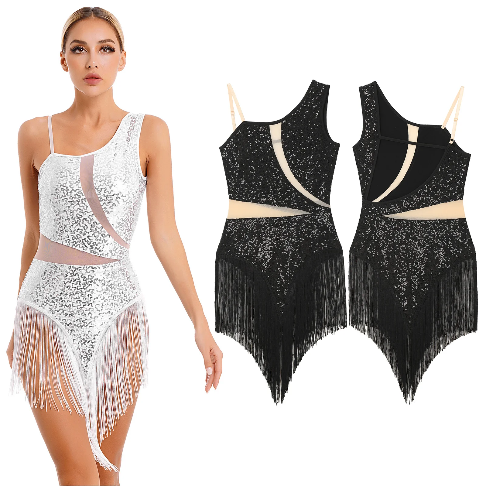 

Women Sparkling Sequin Latin Jazz Dance Performance Costume Leotard Fringed Skirted Salsa Tango Ballroom Dance Tassel Dresses