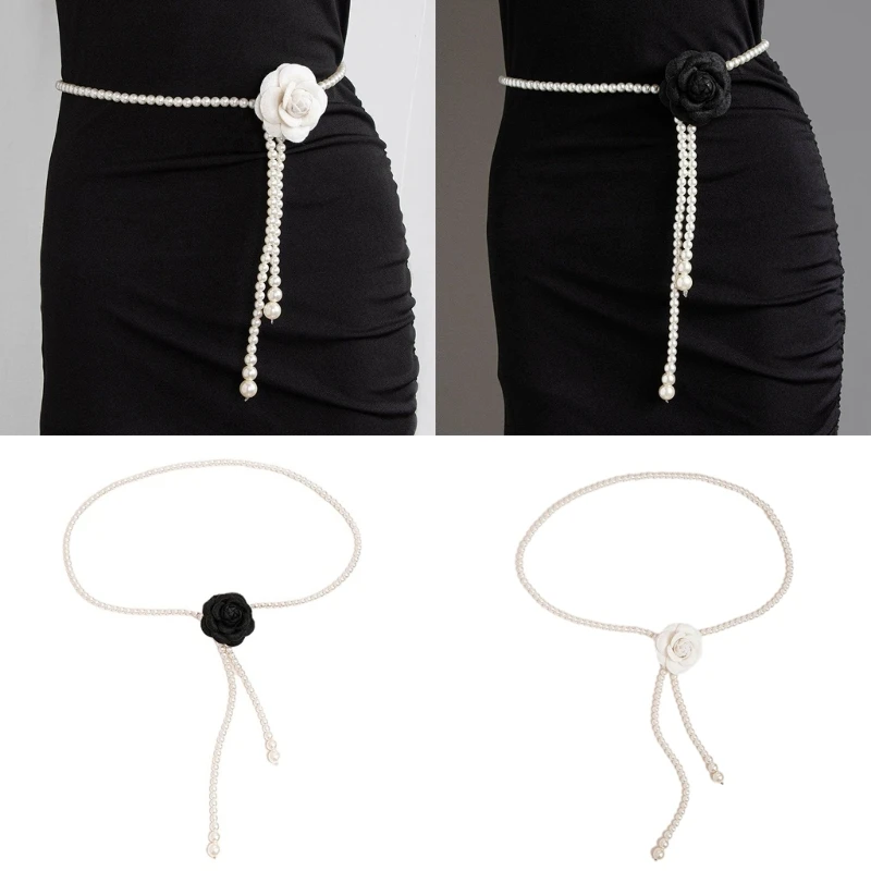 Flower Waist Chains Women Camellia Waist Belt For Dress Pearl Waist Chain Belt Belly Chain For Jeans Sash Belt