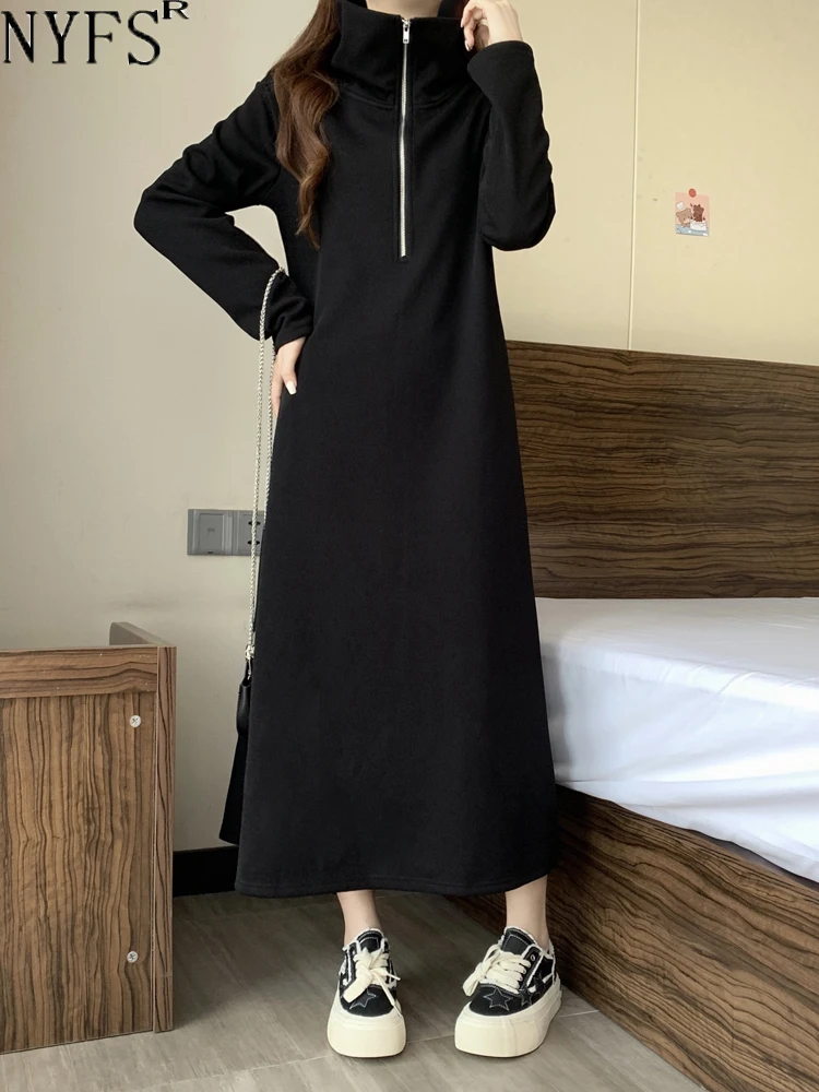 

NYFS 2023 Winter New Korean Woman Dresses Vestidos Robe Elbise Loose Plus Size Velvet Thickening Fat MM Long Dress