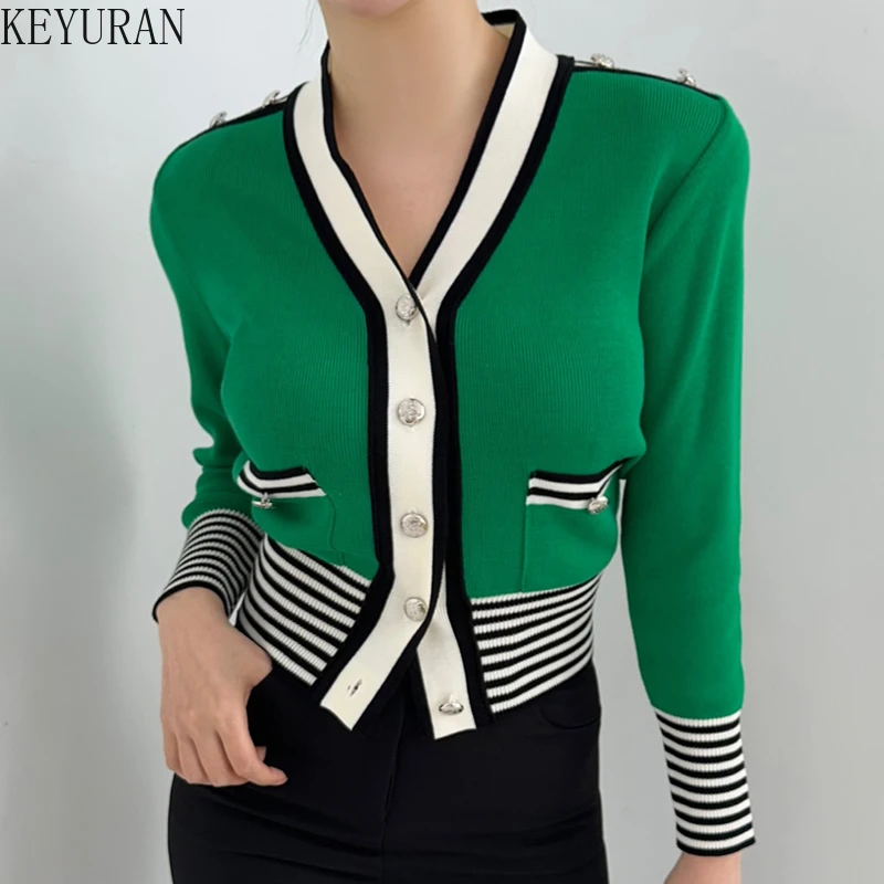 Korean Chic Striped Sweater Women Knitted Cardigan Vintage Knitwear V-neck Single Breasted Long Sleeve Tops Knitwear Jumpers