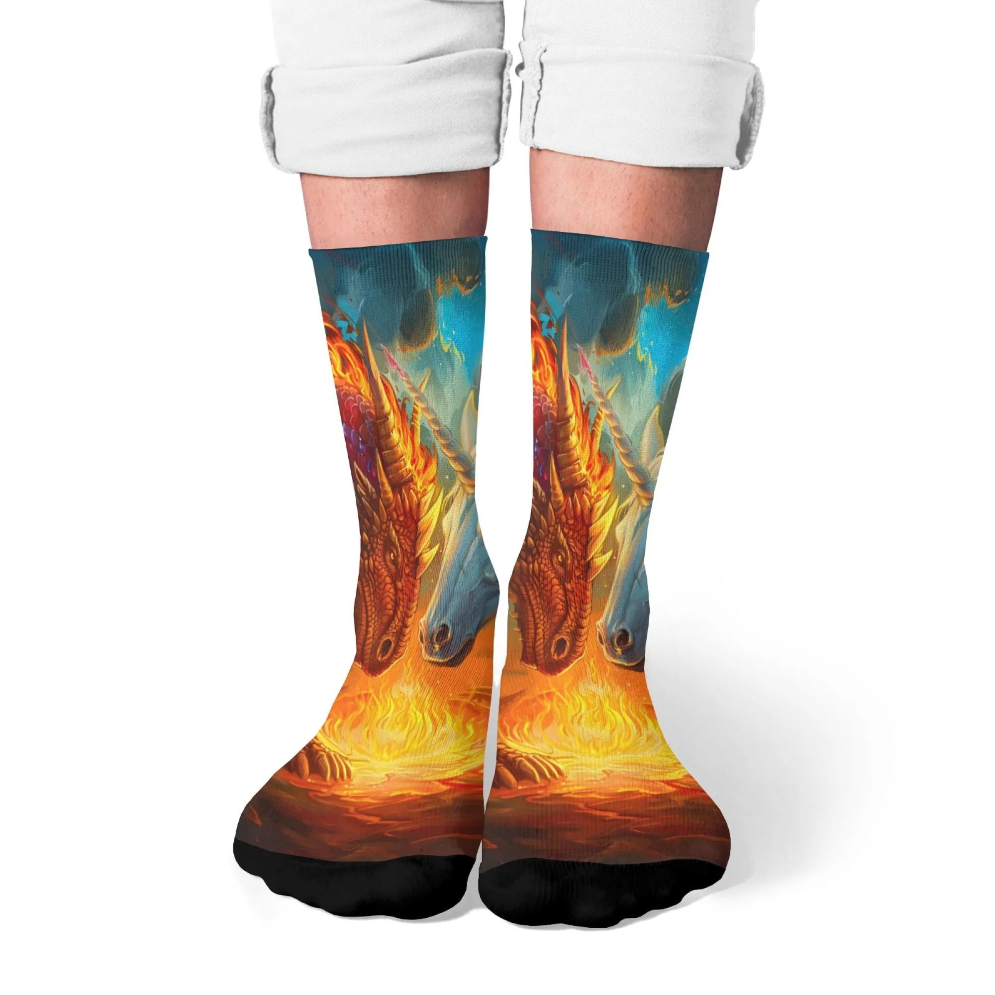 Bunte Fantasy-Drachen- und Einhorn-Crew-Socken, Socken mit mythischem Kunstdruck, einzigartiges Geschenk für Fantasy-Fans und Streetwear-Enthusiasten