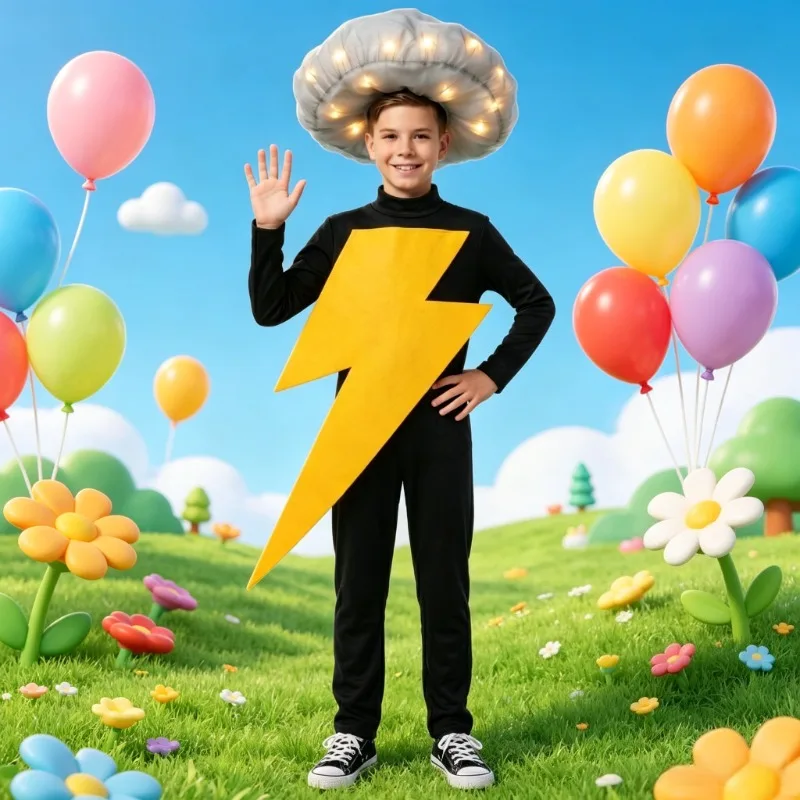 

Boys Girls Lightning Cosplay Costume Funny Jumpsuit with LED Light Up Hat Suit for Halloween Party Stage Performance Dress up