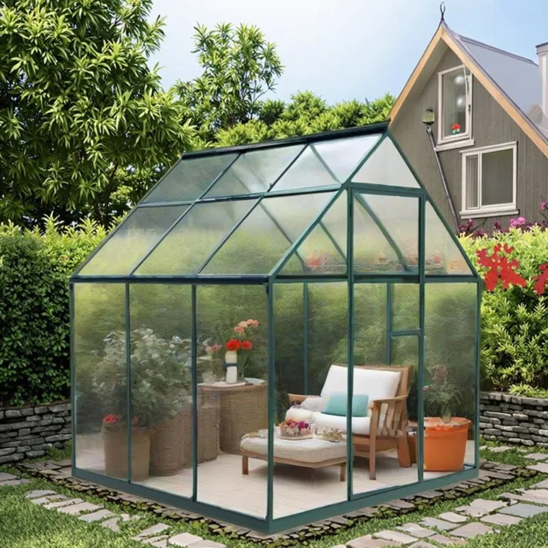 โรงเรือนปลูกต้นไม้กลางแจ้งที่ทำจากอลูมิเนียมทันสมัย พร้อมแผ่นโพลีคาร์บอเนต สำหรับปลูกดอกไม้ในสวนหลังบ้าน ประกอบง่าย เหมาะสำหรับบ้านพักตากอากาศ