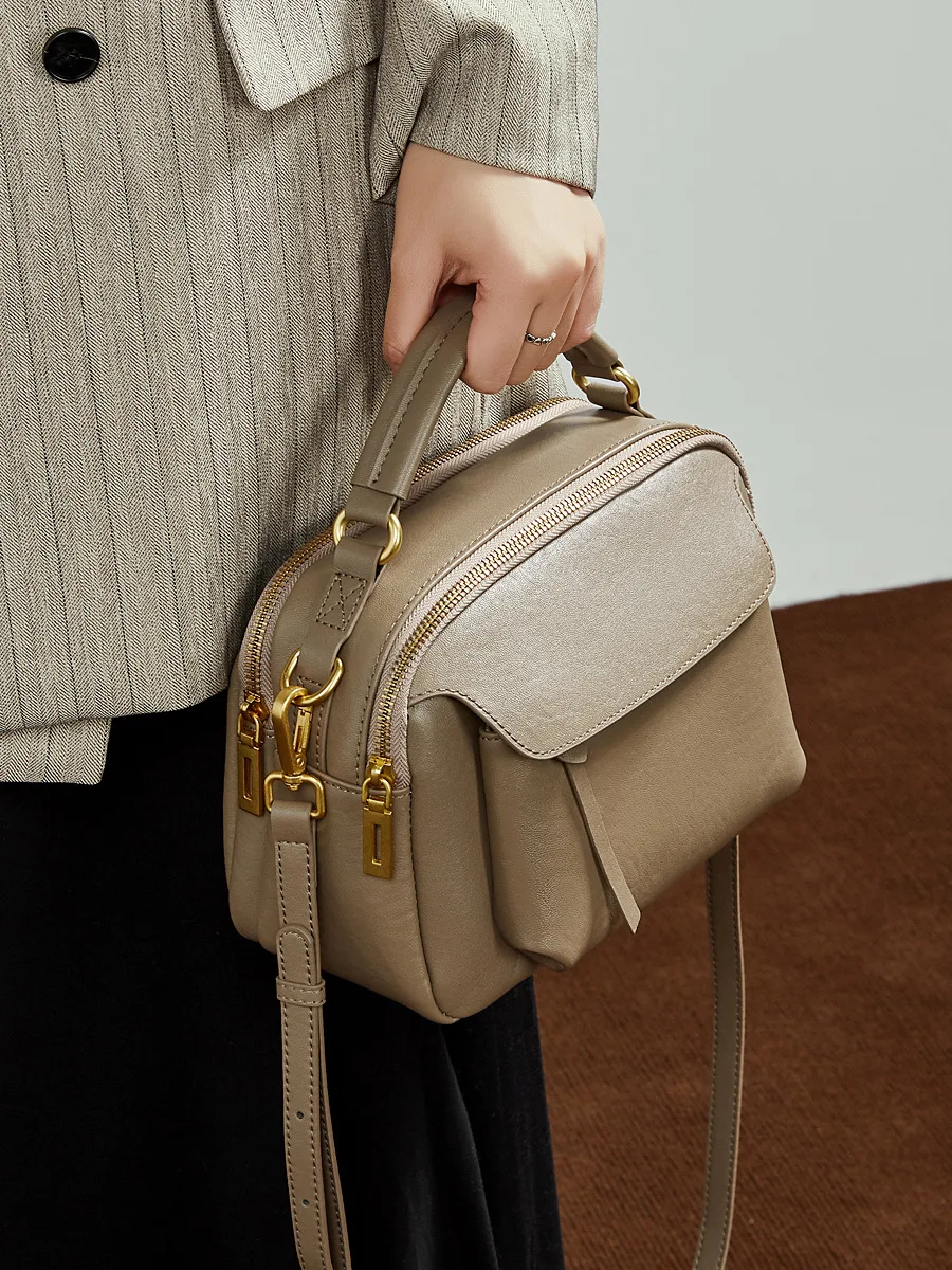 

Genuine Leather Fashion Boston Handbag for women retro style cowhide luxury women's crossbody bag trendy single-shoulder bag