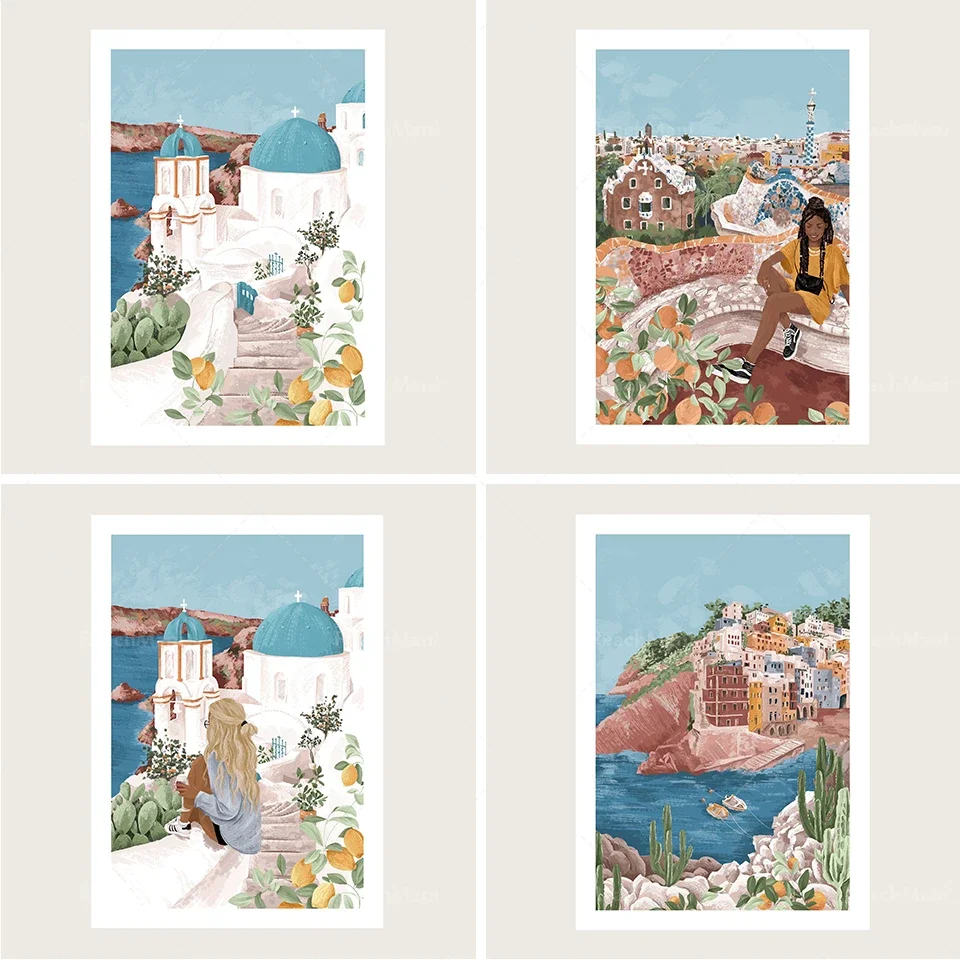 1pc frameless Canvas Painting Mediterranean girl | Santorini poster | | Cinque Terre poster | | Barcelona poster | Travel printi