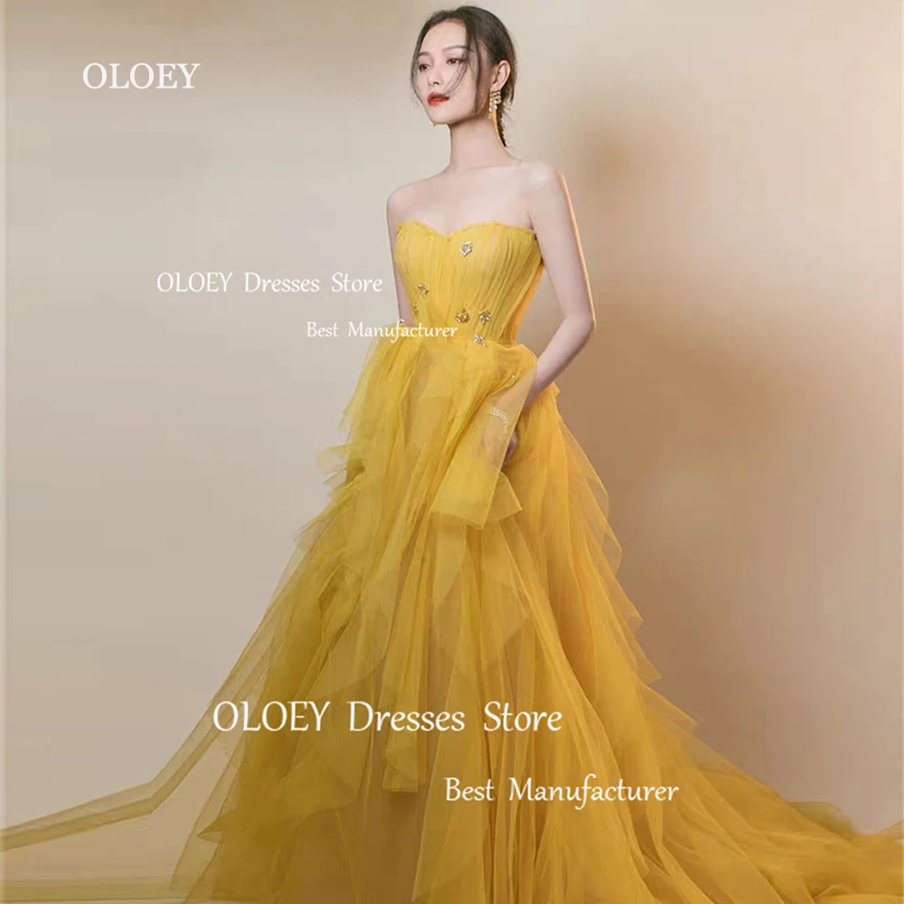 

OLOEY Elegant Yellow Prom Dress Wedding Photoshoot Customized Sweetheart Beading Crystal Ruffles Silky Tulle Party Evening Dress