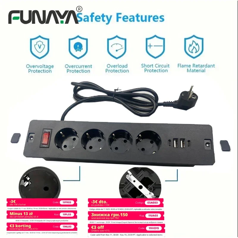 

Настольная встраиваемая розетка EU KR Встроенные настольные розетки для дивана с защитой от перегрузки Удлинительные розетки 2 USB Type-c