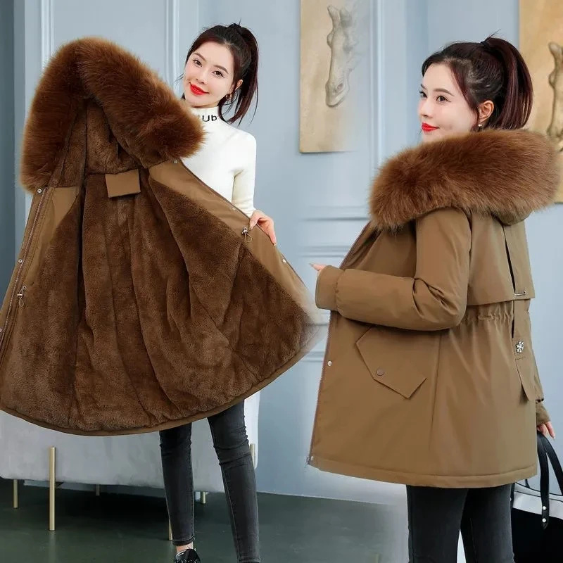 Women Parka Fashion Long Coat Wool Liner Hooded Parkas 2024 New Winter Jacket Slim with Fur Collar Warm Snow Wear Padded Clothes