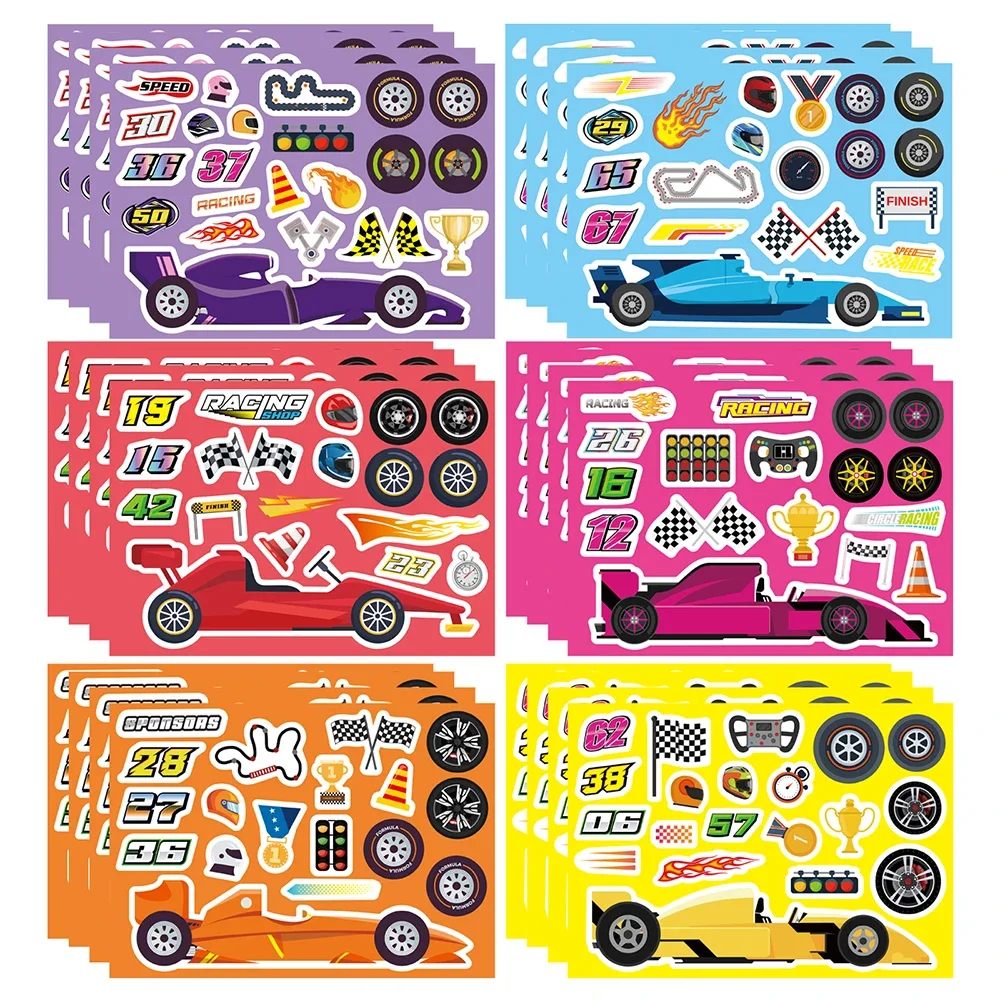12 Blatt Coole Rennwagen-Gesichtsaufbau-Puzzle-Aufkleber Cartoon-Sticker Lustige Lernspielzeuge für Kinder Party DIY Spiele Geschenke für Jungen